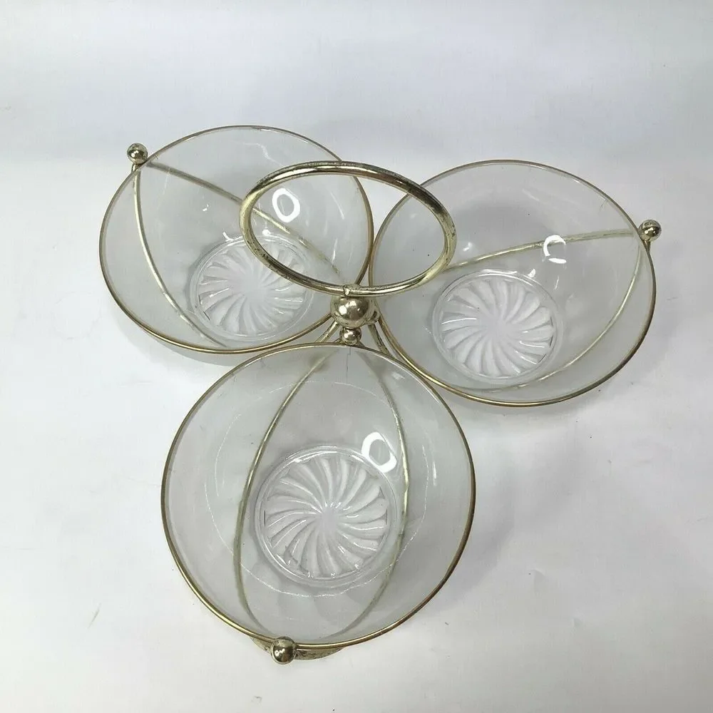 Vintage Libbey MCM Glass Gold Relish Condiment 3 Bowl Set Metal‎ Gold tone Caddy